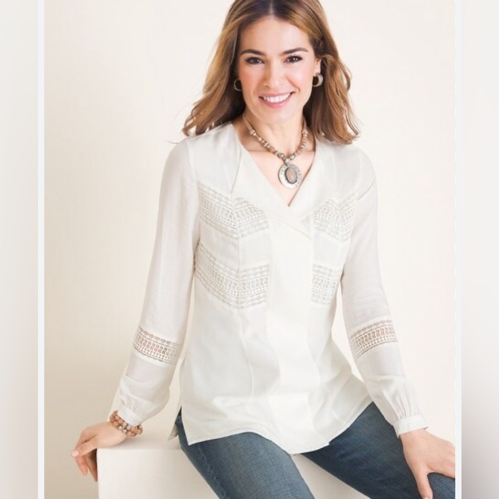 Chico’s Neutral off white top; Chic Lace Trim Pullover Blouse, Size 1 / Medium